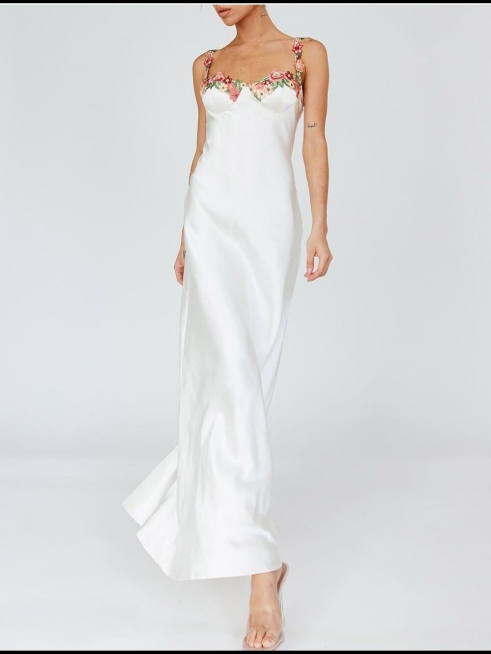 White Satin Maxi Dress Floral Embroidered Straps Wedding Bridal Sz 10 12